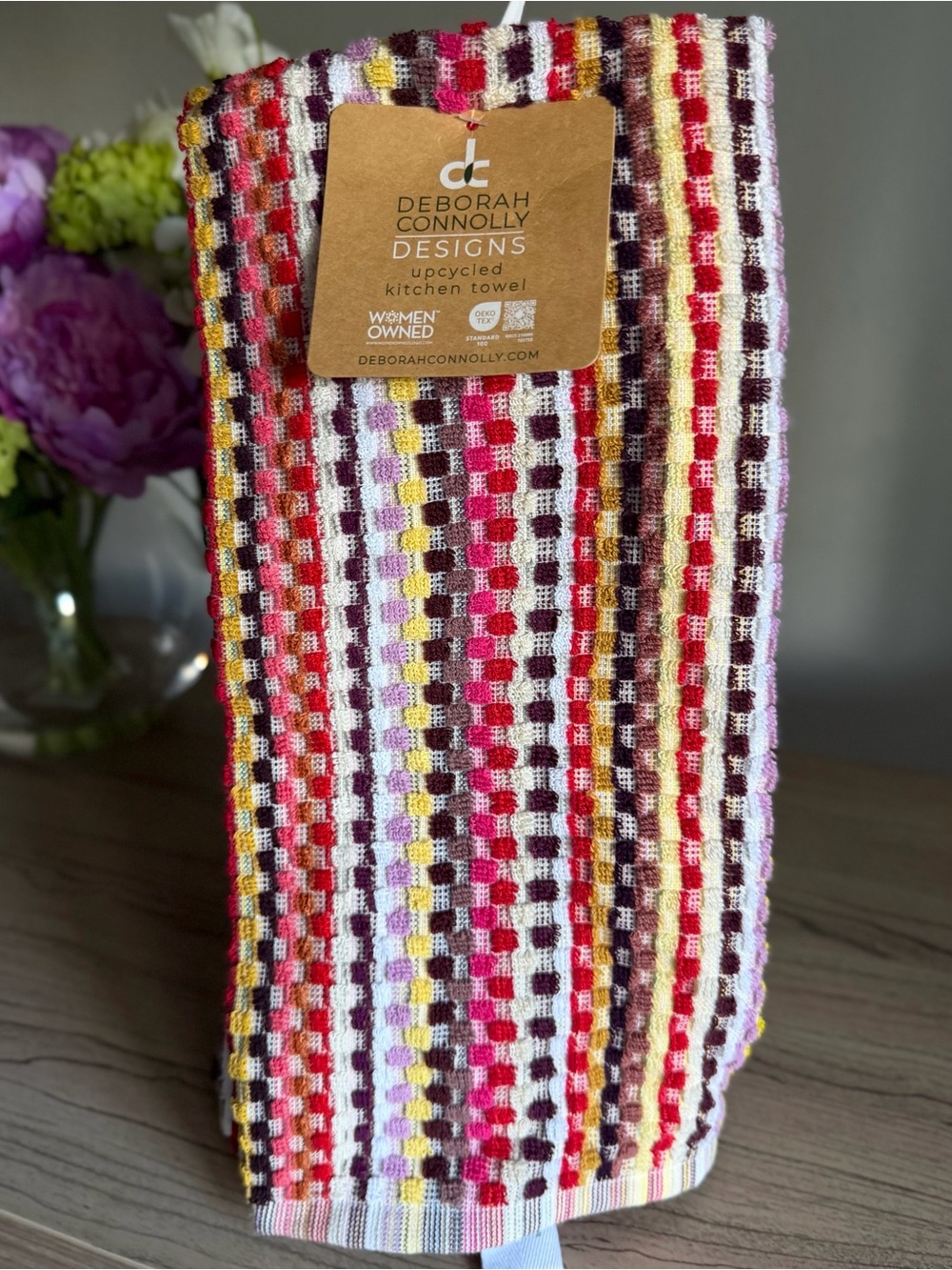 DEBORAH CONNOLLY FALL KITCHEN TOWELS (3) BLOCKS RED GOLD PURPLE 100% COTTON